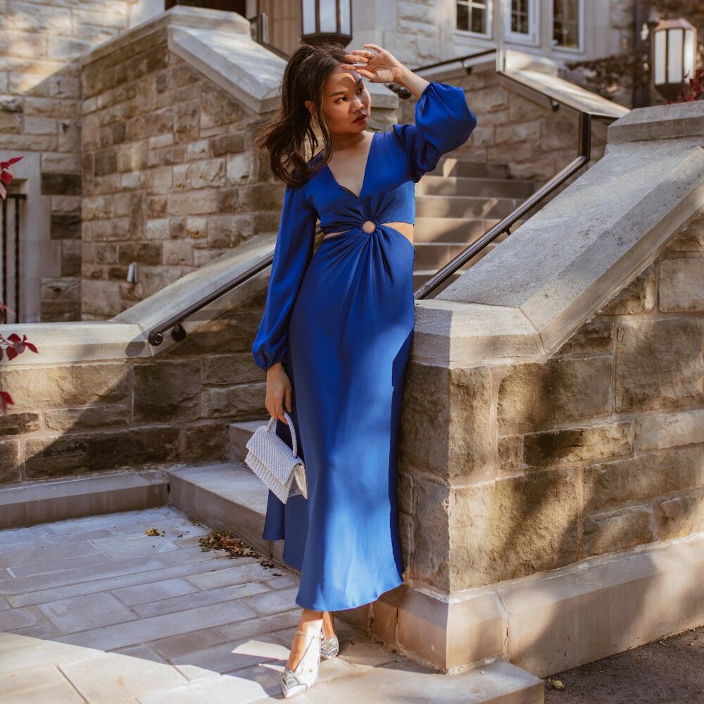 Ever New Royal Blue Satin Maxi Dress with Center Ring Detail - Picture 7 of 10